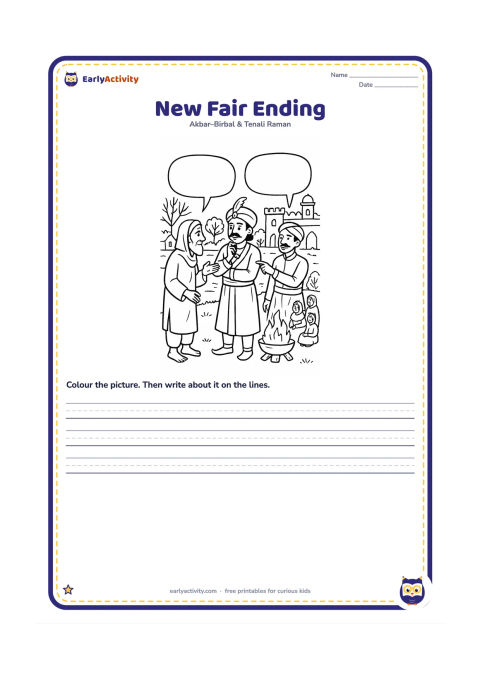 Worksheet: Show a peaceful alternate ending in which Akbar listens to the poor man, Birbal points toward the lake, and the reward is presented beside a warm palace courtyard fire. Village people…