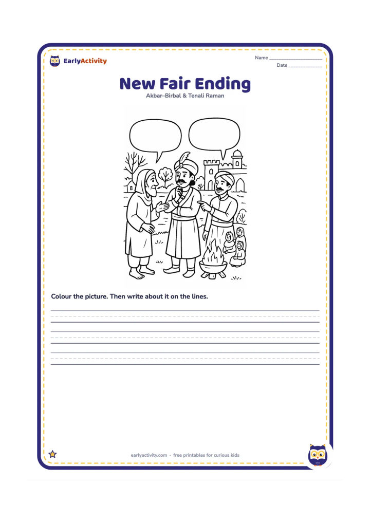 Worksheet: Show a peaceful alternate ending in which Akbar listens to the poor man, Birbal points toward the lake, and the reward is presented beside a warm palace courtyard fire. Village people…