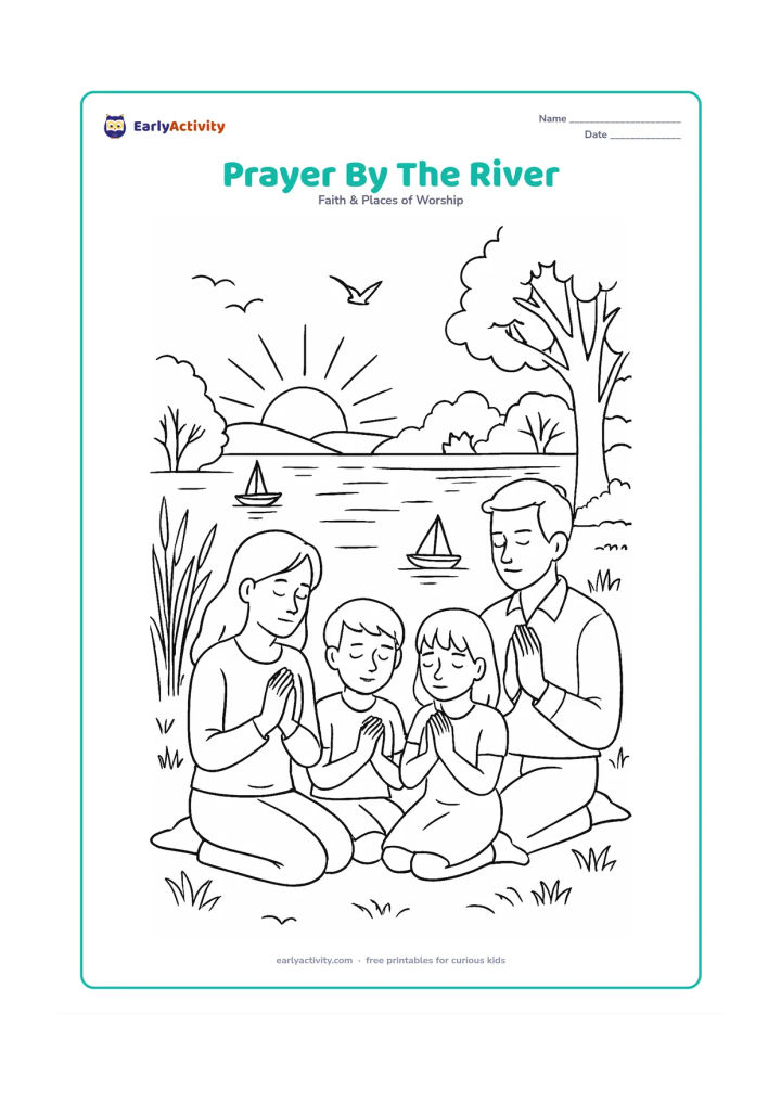Colouring page: A family sits on a riverbank with folded hands during sunset, with boats in the distance, reeds, trees, birds, and reflections across the water.
