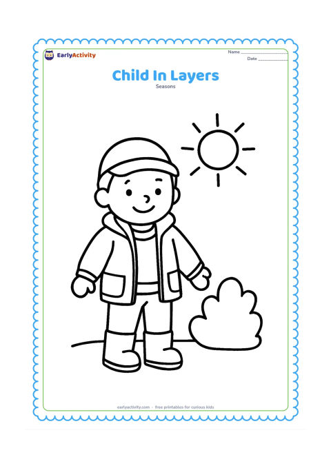 Colouring page: A smiling child standing outdoors in a vest, sweater, jacket, cap and boots, with the jacket open enough to show the layers. Place the child beside one simple shrub and a winter sun.
