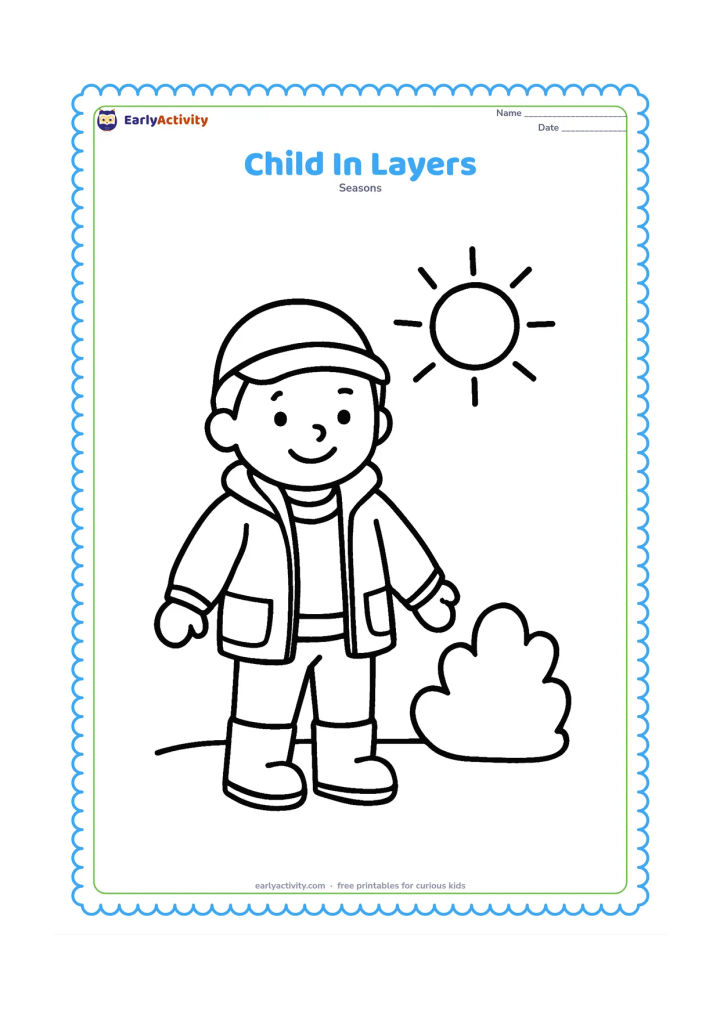 Colouring page: A smiling child standing outdoors in a vest, sweater, jacket, cap and boots, with the jacket open enough to show the layers. Place the child beside one simple shrub and a winter sun.
