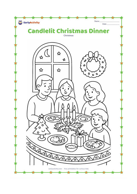 Colouring page: A family gathers around a festive dinner table at evening, with a central candle arrangement, evergreen branches, a small tree, wrapped gifts and plates of food. Show a window with a…