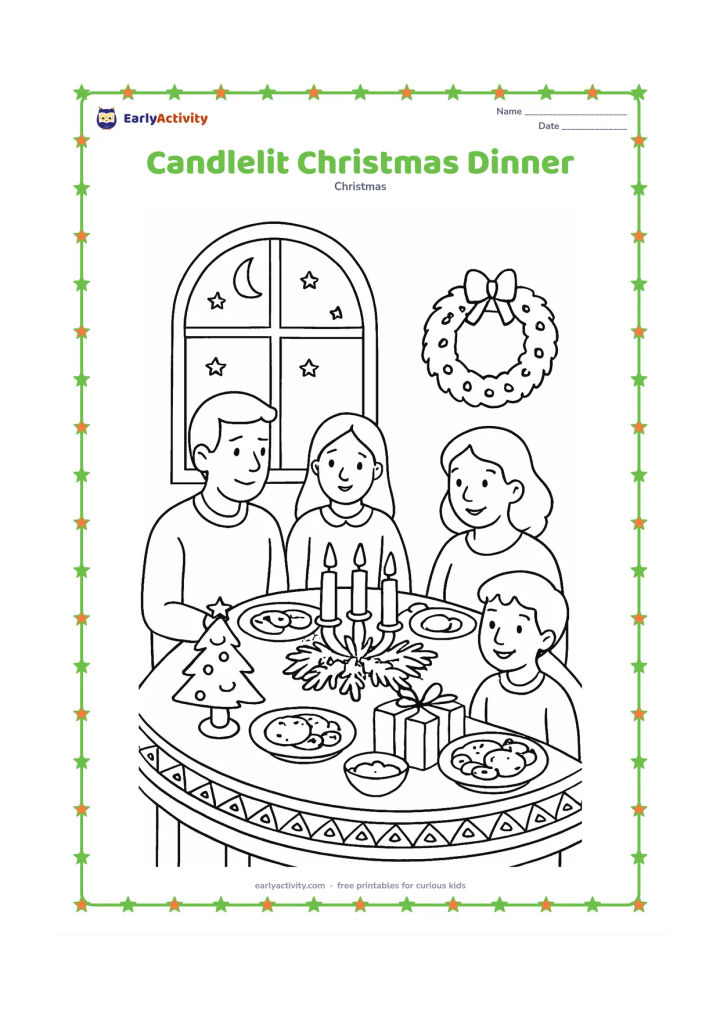 Colouring page: A family gathers around a festive dinner table at evening, with a central candle arrangement, evergreen branches, a small tree, wrapped gifts and plates of food. Show a window with a…