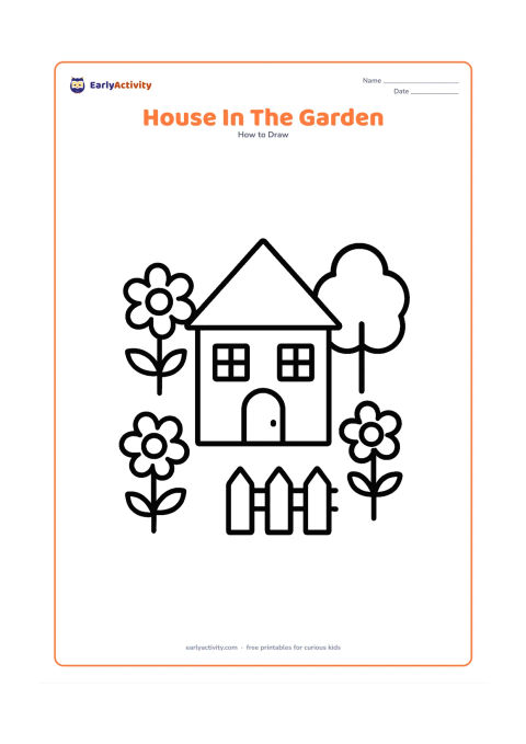 Worksheet: Draw a small house with a triangular roof, one door and two windows, surrounded by three oversized flowers, a round tree and a simple garden fence. Keep the house centred and the garden…