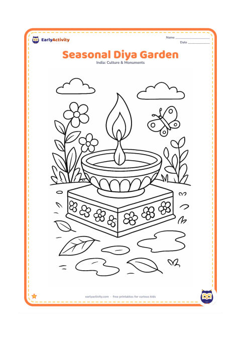 Colouring page: A lit diya sits on a decorated outdoor platform surrounded by flowering plants, fallen leaves, a small summer butterfly and a few rainy-season puddles in the courtyard.