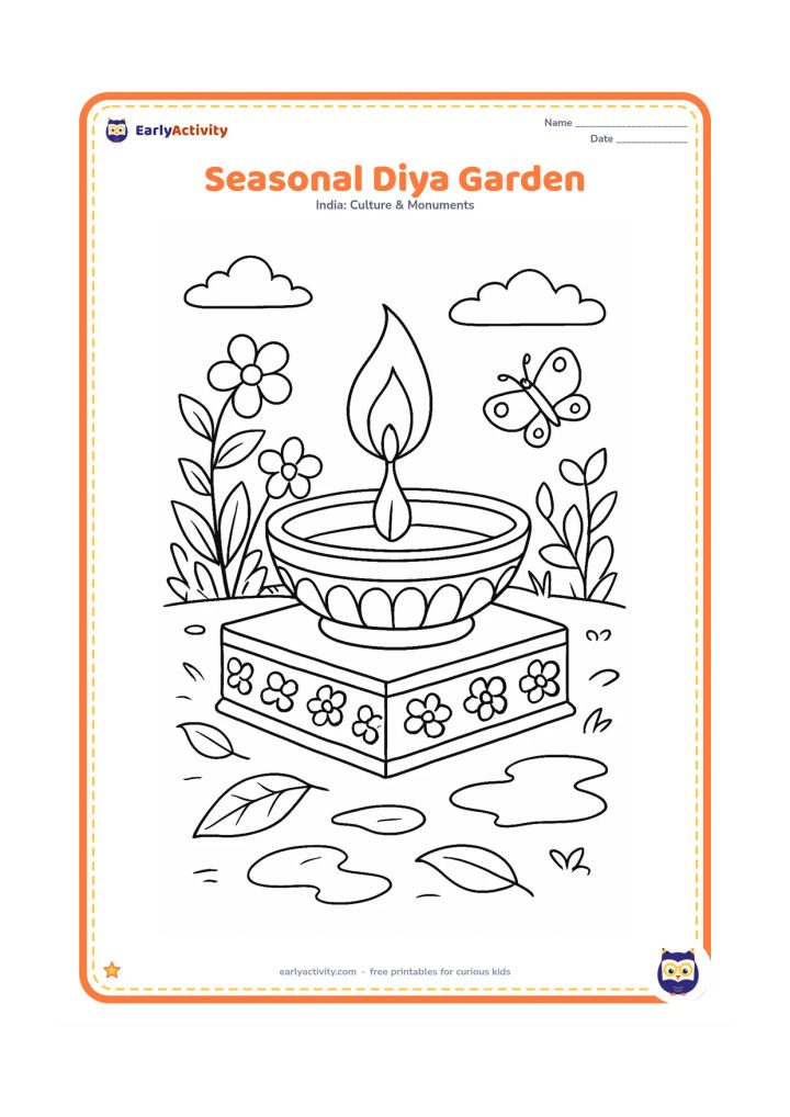 Colouring page: A lit diya sits on a decorated outdoor platform surrounded by flowering plants, fallen leaves, a small summer butterfly and a few rainy-season puddles in the courtyard.