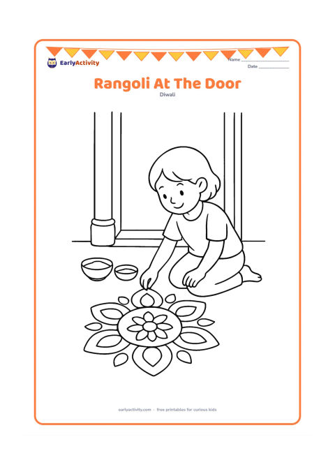 Colouring page: A child kneels beside a broad doorway and adds large coloured-powder shapes to a symmetrical rangoli. Include bowls of powder and a simple threshold.