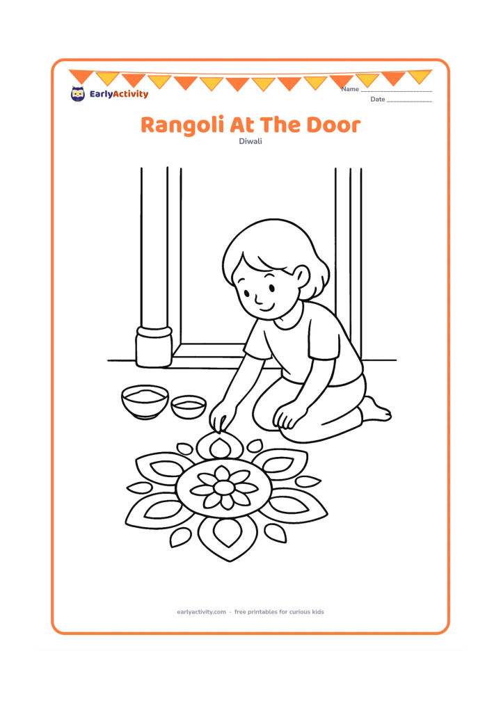 Colouring page: A child kneels beside a broad doorway and adds large coloured-powder shapes to a symmetrical rangoli. Include bowls of powder and a simple threshold.