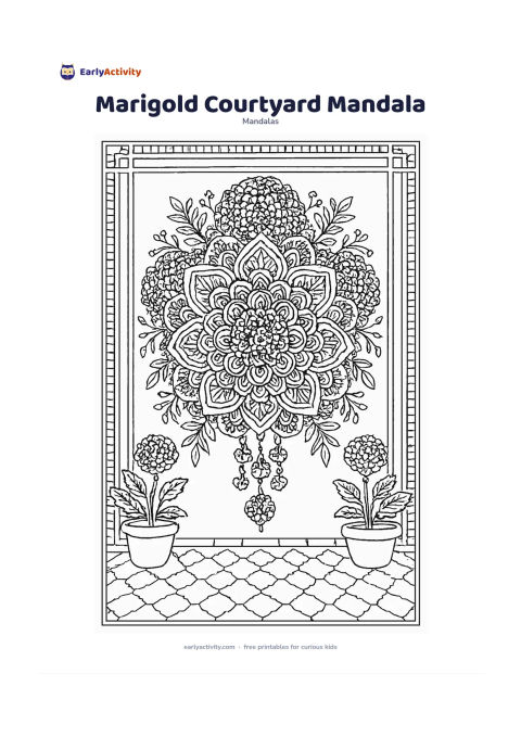 Colouring page: Draw a floral mandala based on dense marigold pom-poms, scalloped petals and leafy sprigs, with a central hanging flower garland. Frame it with a simple Indian courtyard floor pattern,…