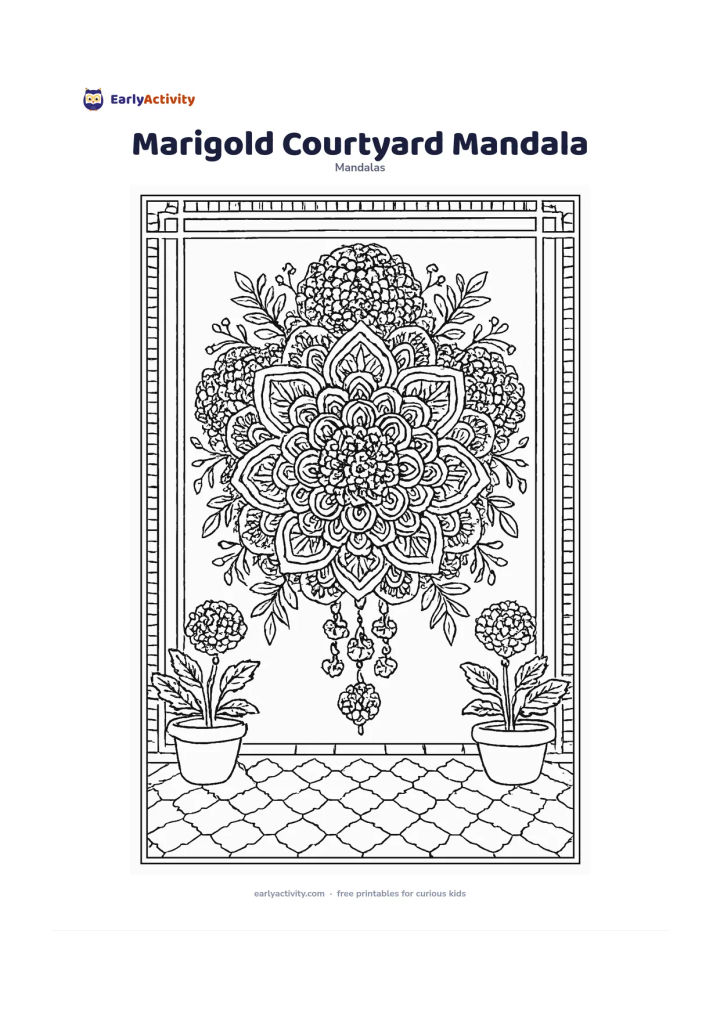 Colouring page: Draw a floral mandala based on dense marigold pom-poms, scalloped petals and leafy sprigs, with a central hanging flower garland. Frame it with a simple Indian courtyard floor pattern,…