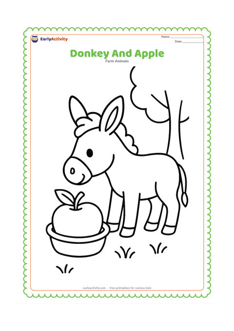 Colouring page: A cheerful donkey reaches its head toward one large apple held in a low basket on the ground. Add a few grass blades and a simple tree trunk in the background.