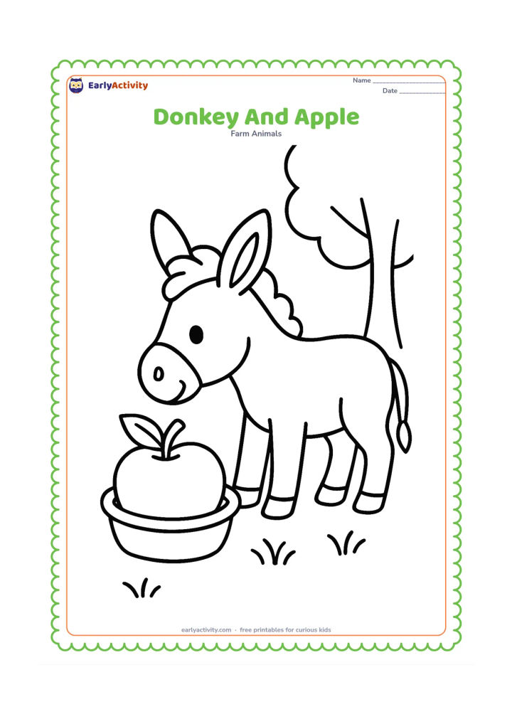 Colouring page: A cheerful donkey reaches its head toward one large apple held in a low basket on the ground. Add a few grass blades and a simple tree trunk in the background.