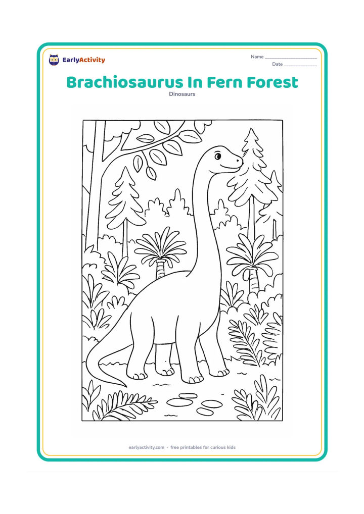 Colouring page: A brachiosaurus walks through a prehistoric woodland filled with layered ferns, cycads and tall conifer-like trees. Its raised head reaches toward leaves above the path, while a few…