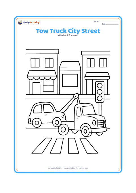 Colouring page: A tow truck pulls a small car safely along a city street past a traffic light, a crossing and two simple shops. Show the cable or tow bar clearly and keep every shop sign blank.