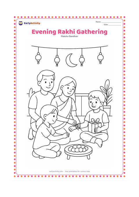 Colouring page: A family gathers on a home terrace at dusk while one child ties a rakhi and another holds a gift. Include potted plants, a low table with sweets, a crescent moon and a few simple hanging…