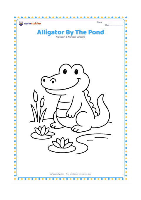 Colouring page: Draw a smiling alligator sitting beside a small pond, with its tail curling behind it and two large water lilies on the water. Add a few simple reeds along the edge.
