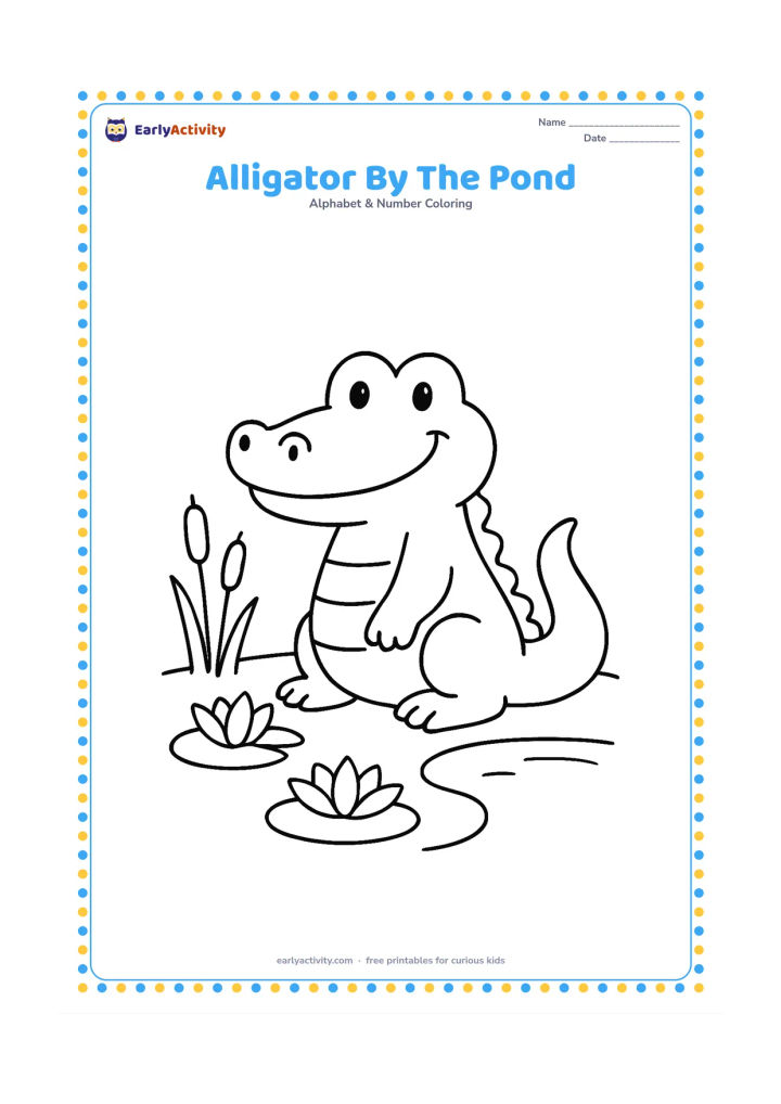 Colouring page: Draw a smiling alligator sitting beside a small pond, with its tail curling behind it and two large water lilies on the water. Add a few simple reeds along the edge.