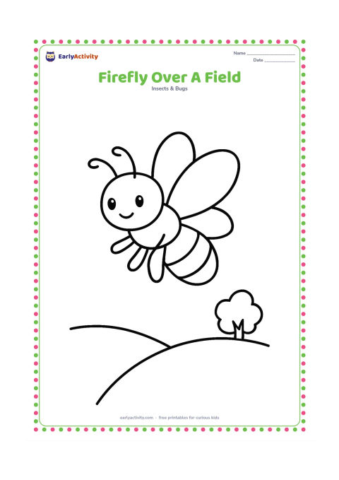 Colouring page: Draw one large firefly flying above a gently curved field, with a simple low hill, a small tree, and a glowing abdomen. Keep the horizon low so the insect remains the focus.