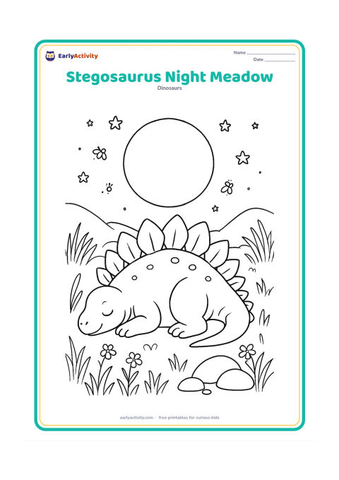 Colouring page: Draw a stegosaurus resting in a moonlit meadow with a large full moon, stars, fireflies, tall grasses, wildflowers, distant hills, and a few rounded rocks. Arrange the plates in a clear…