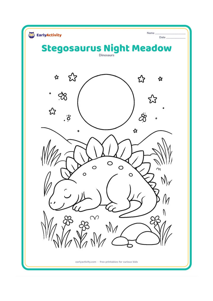 Colouring page: Draw a stegosaurus resting in a moonlit meadow with a large full moon, stars, fireflies, tall grasses, wildflowers, distant hills, and a few rounded rocks. Arrange the plates in a clear…