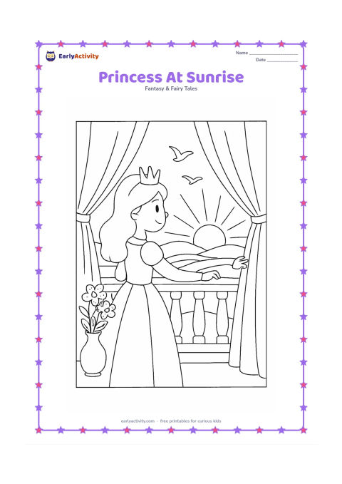 Colouring page: Draw a princess opening tall palace curtains to watch the sunrise over fields and distant mountains. Include a balcony rail, a vase of flowers, birds, and long rays from the sun.