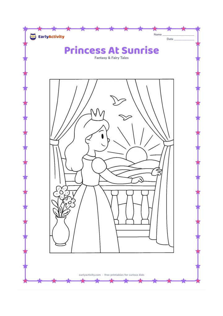 Colouring page: Draw a princess opening tall palace curtains to watch the sunrise over fields and distant mountains. Include a balcony rail, a vase of flowers, birds, and long rays from the sun.