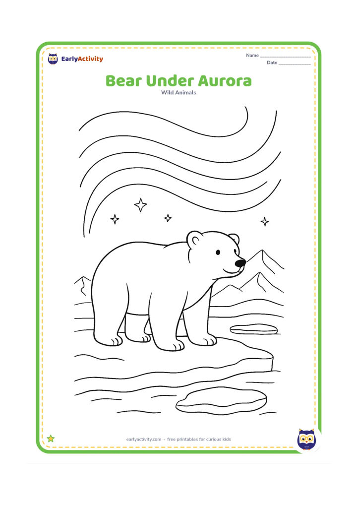 Colouring page: A polar bear stands on a snowy ridge beneath broad flowing bands of aurora, with a few stars, distant mountains and a low ice floe.