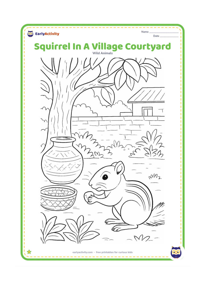 Colouring page: Draw an Indian palm squirrel near a village courtyard tree, carrying a seed past a clay water pot, woven basket, leafy plants, and a low wall. Show its pale back stripes.