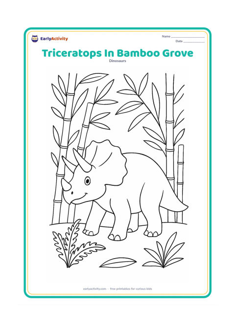 Colouring page: A triceratops walks through a light bamboo grove, with several tall bamboo stems, broad leaves, and a small fern at its feet. Keep the face and three horns unobstructed.