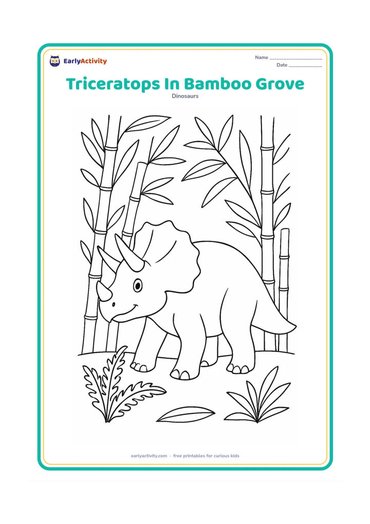 Colouring page: A triceratops walks through a light bamboo grove, with several tall bamboo stems, broad leaves, and a small fern at its feet. Keep the face and three horns unobstructed.