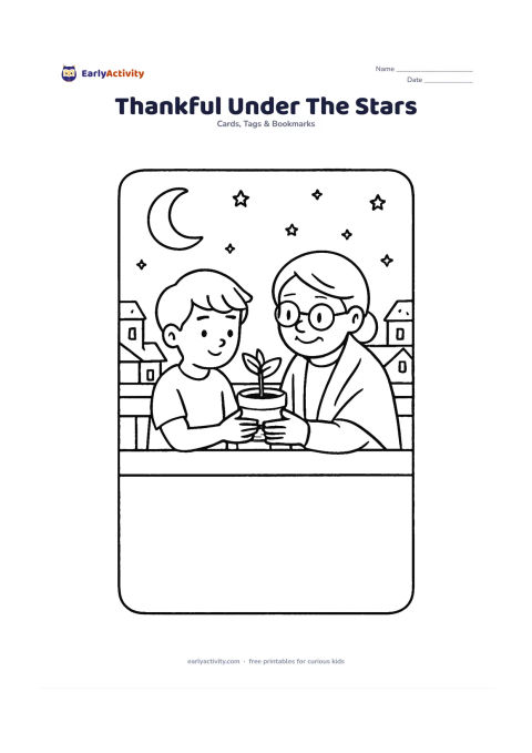 Worksheet: A child and a grandparent sit together on a rooftop terrace at night, looking at a small potted plant the child has given them, with a crescent moon, stars, distant rooftops and a low…