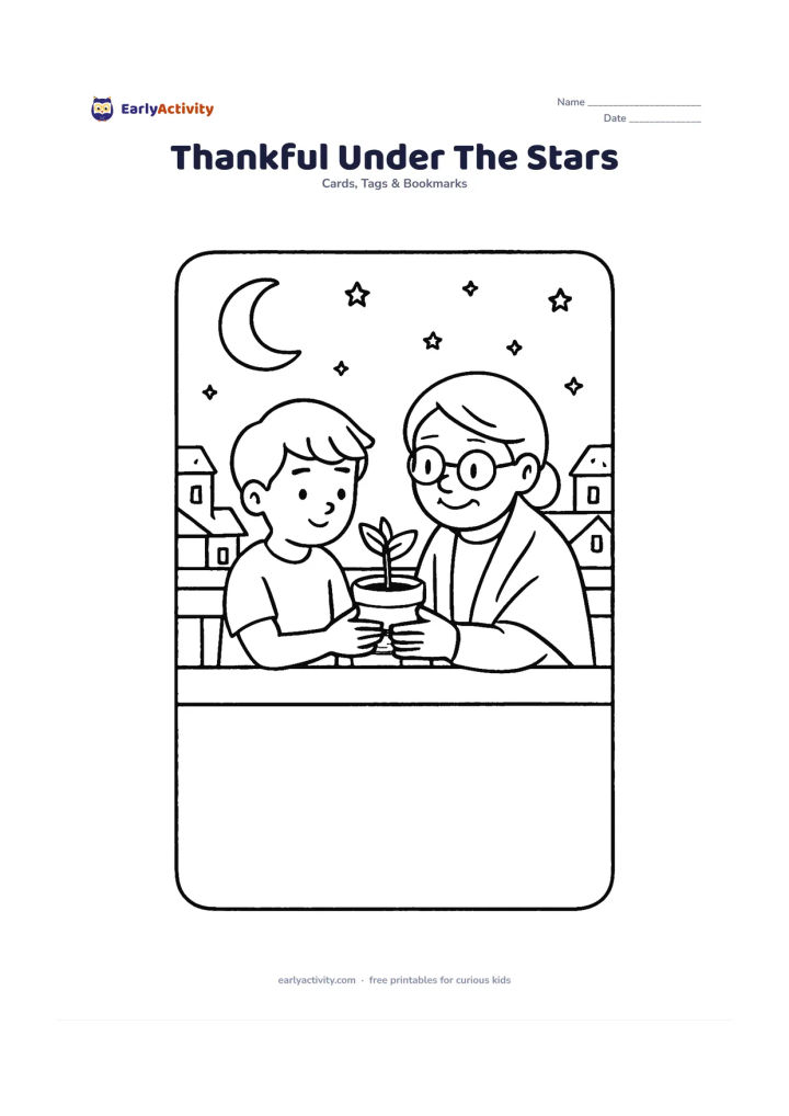 Worksheet: A child and a grandparent sit together on a rooftop terrace at night, looking at a small potted plant the child has given them, with a crescent moon, stars, distant rooftops and a low…