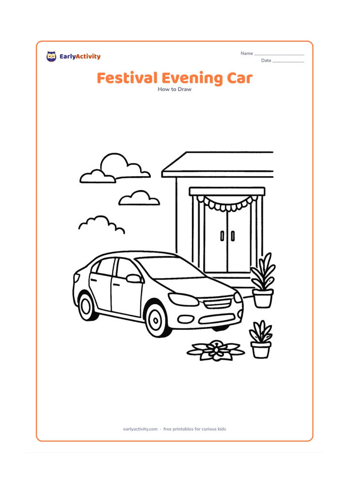 Worksheet: Show a family car parked outside an Indian home at evening, with a doorway, flower garland shapes, a small rangoli pattern on the ground, potted plants and a glowing sky. Leave any…