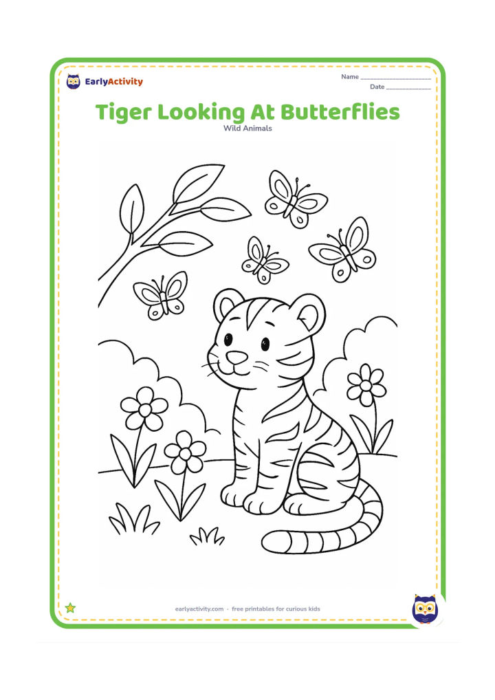 Colouring page: A seated tiger watches several butterflies flying above flowers in a forest clearing. Include a curved branch, broad leaves, and a few clearly separated flowers.