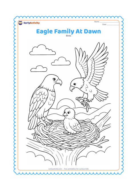 Colouring page: Draw two adult eagles and a chick gathered around a high nest at dawn, with one adult bringing a small fish. Place the nest in a tall tree above layered hills, with a rising sun and…