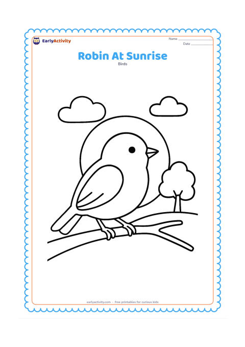 Colouring page: Draw a robin perched on a low branch with a large rising sun behind it and two simple clouds. Add one distant tree with a rounded canopy.