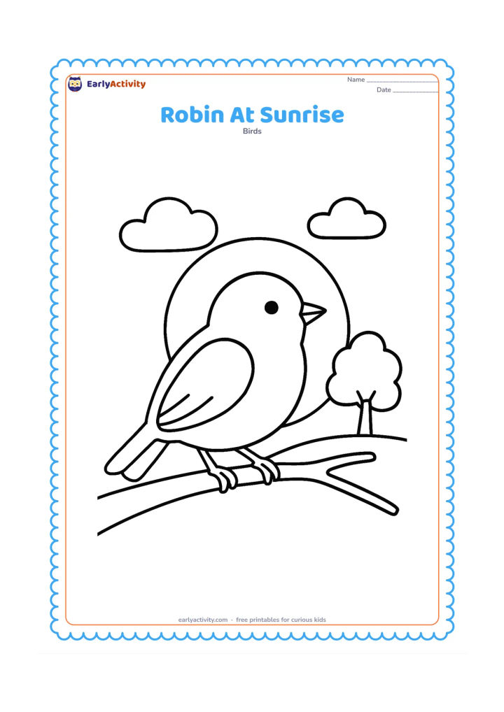 Colouring page: Draw a robin perched on a low branch with a large rising sun behind it and two simple clouds. Add one distant tree with a rounded canopy.