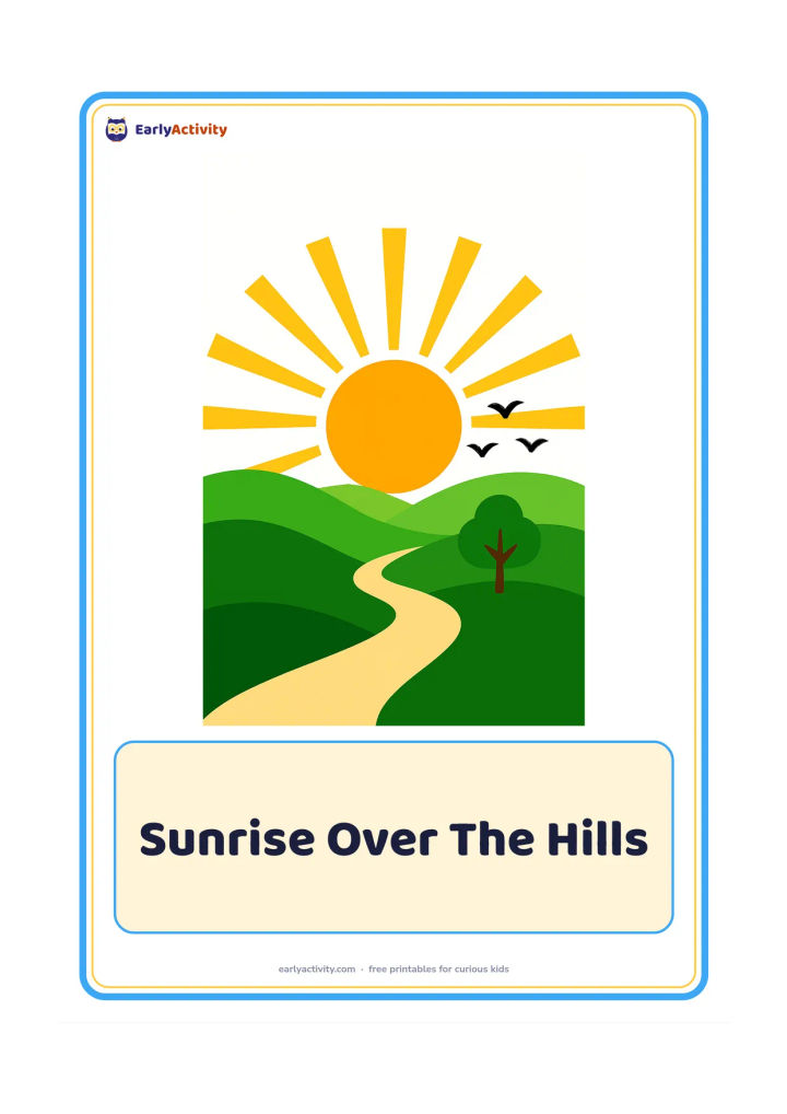Flashcard: Draw a large rising sun behind layered hills, with a small tree and three birds in the foreground. Include a simple path leading toward the hills.