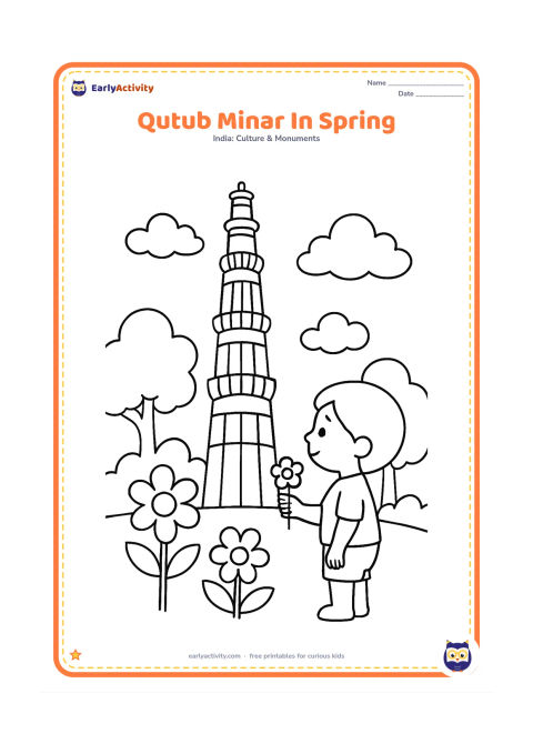 Colouring page: Draw Qutub Minar surrounded by a few large flowering plants, rounded trees, and soft clouds. Include a child holding a small flower while facing the tower.