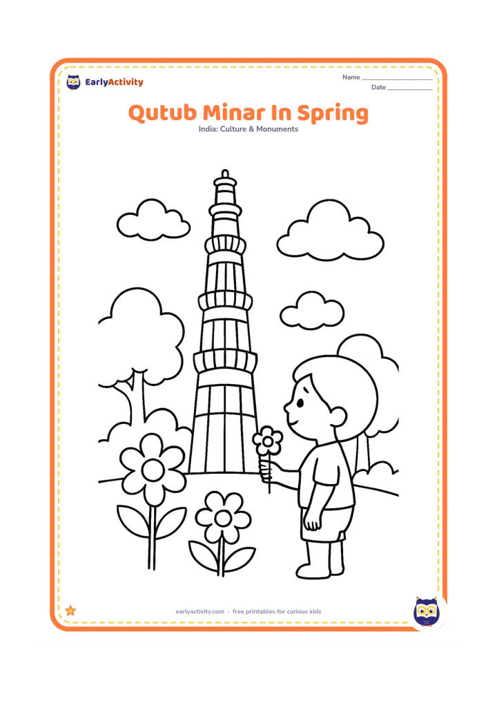 Colouring page: Draw Qutub Minar surrounded by a few large flowering plants, rounded trees, and soft clouds. Include a child holding a small flower while facing the tower.