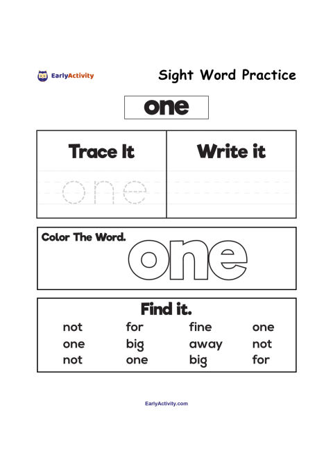 Worksheet for practising the sight word “one” with tracing, writing, colouring the word and finding it among other words.