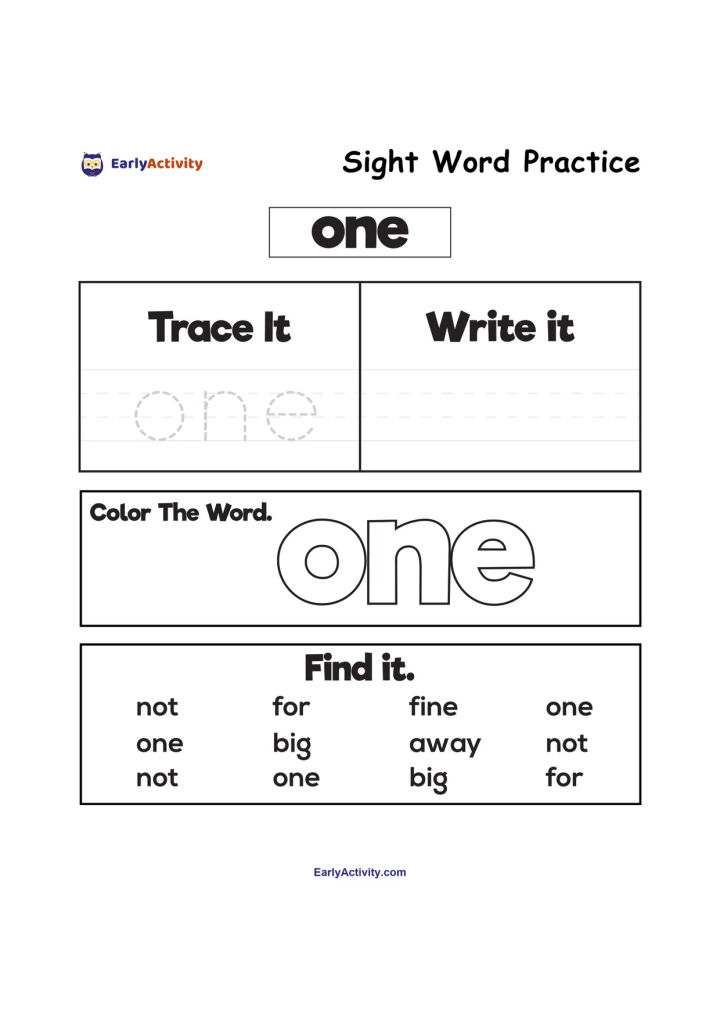 Worksheet for practising the sight word “one” with tracing, writing, colouring the word and finding it among other words.