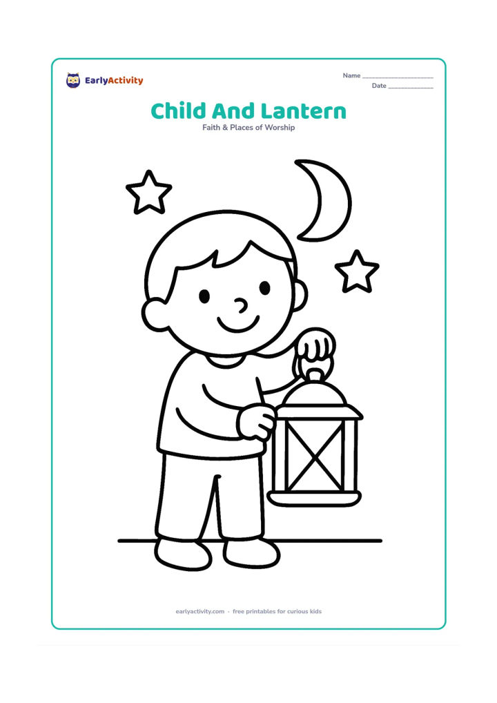 Colouring page: A smiling child holds a large lantern with both hands while standing on a simple floor line, with two stars and a crescent above. Use a plain outfit with no printed markings.