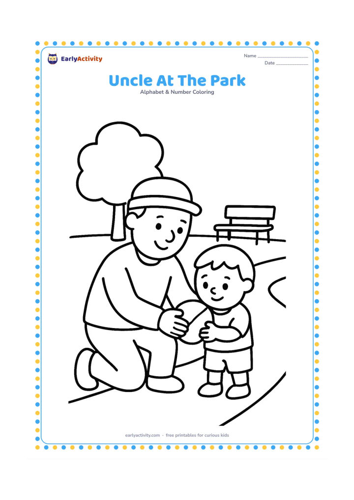 Colouring page: Draw a friendly uncle kneeling beside a young child at a park, helping the child hold a ball. Include one tree, a bench and a simple path in the background.