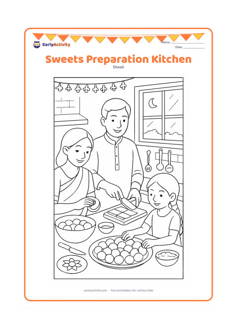 Colouring page: A family prepares Diwali sweets in an Indian kitchen: one person shapes laddus, another cuts barfi, and a child arranges sweets on a platter. Add bowls, trays, cooking utensils, flower…