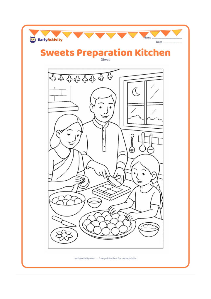 Colouring page: A family prepares Diwali sweets in an Indian kitchen: one person shapes laddus, another cuts barfi, and a child arranges sweets on a platter. Add bowls, trays, cooking utensils, flower…