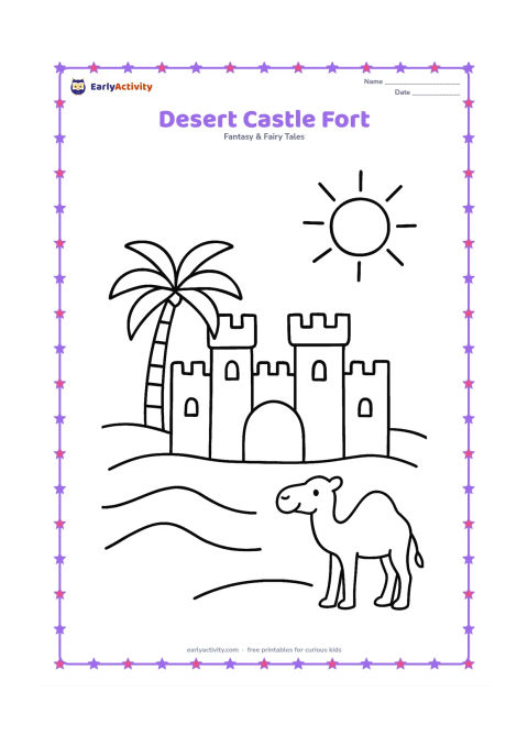 Colouring page: Draw a simple sandy fort-like castle with four broad towers, a large arched gate, a palm tree, and a camel standing nearby. Add gentle sand dunes and a bright sun.