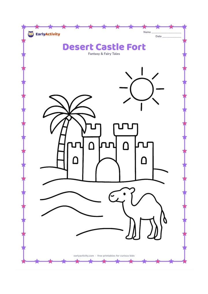 Colouring page: Draw a simple sandy fort-like castle with four broad towers, a large arched gate, a palm tree, and a camel standing nearby. Add gentle sand dunes and a bright sun.