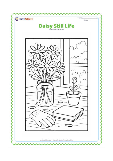 Colouring page: Draw a tabletop arrangement of daisies in a glass jar, with loose petals, a small pair of gardening gloves, a nature book shown closed with a blank cover, and a potted bud nearby. Add a…