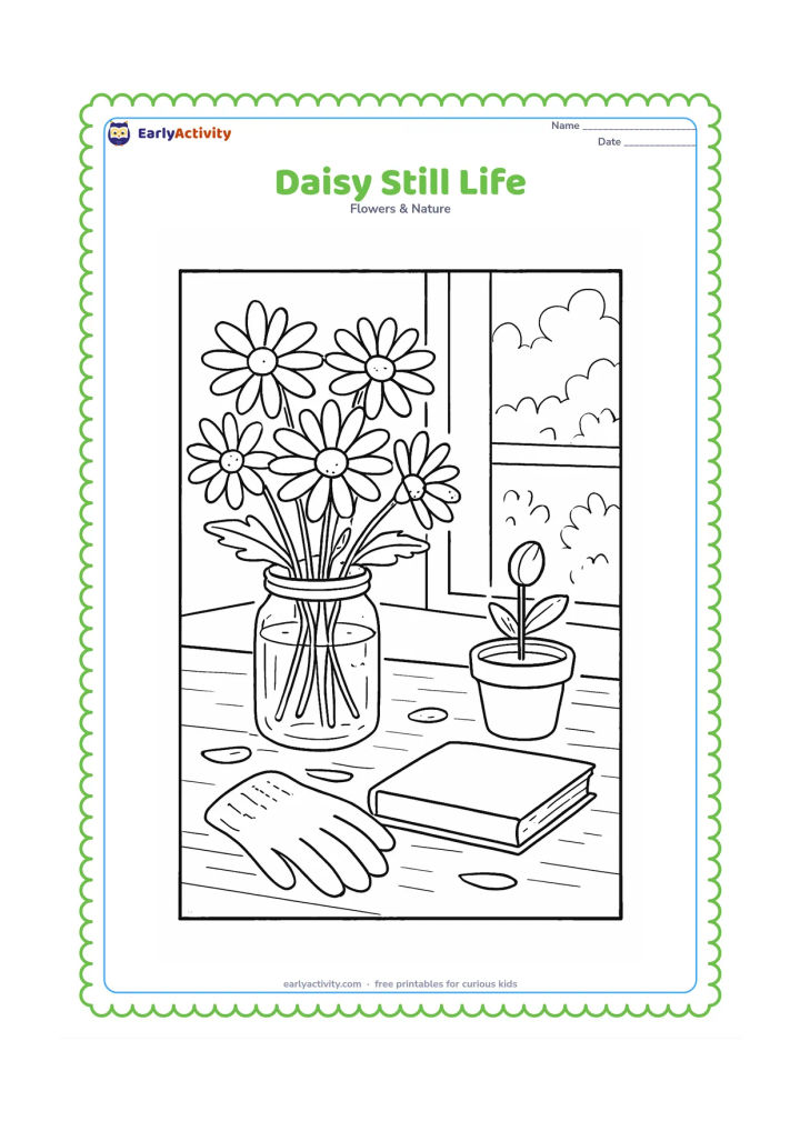 Colouring page: Draw a tabletop arrangement of daisies in a glass jar, with loose petals, a small pair of gardening gloves, a nature book shown closed with a blank cover, and a potted bud nearby. Add a…